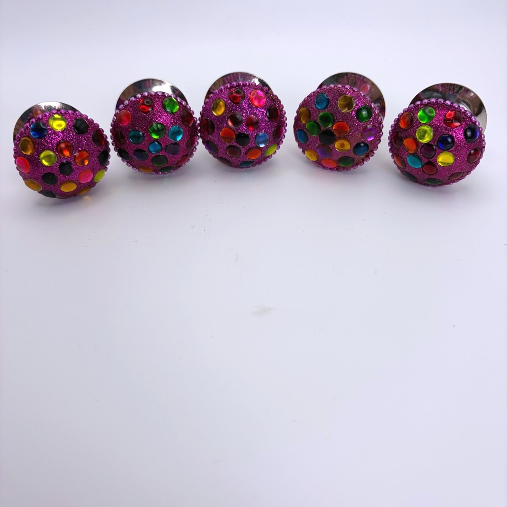 Set of 5 Magenta Glitter Multi-Color‎ Gem 1.25" Drawer Pulls Cabinet Knobs